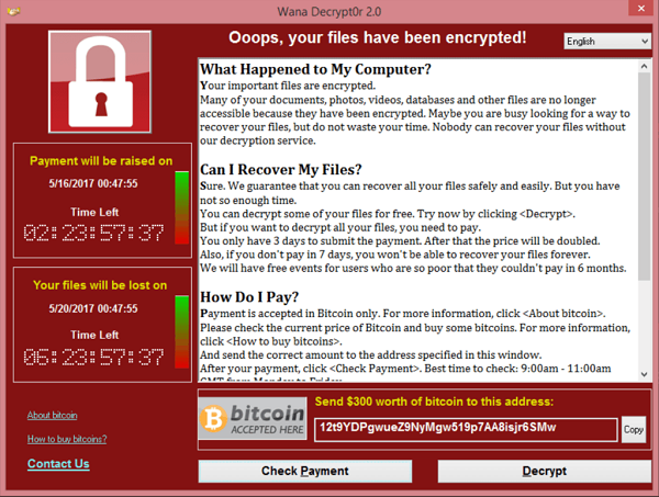 Screenshot af popup fra WannaCry/Decrypt0r ransomware.
